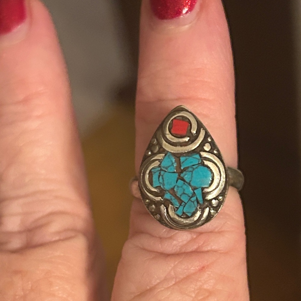 Turquoise and Red Coral‎ Teardrop tribal Ring size 6